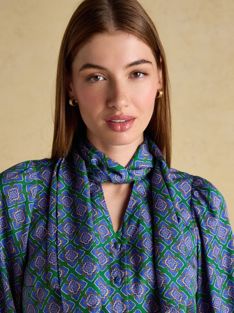 Tabby Blue/Green Tie Neck Long Sleeve Blouse with Button Fastening - RUTHERFORD & Co