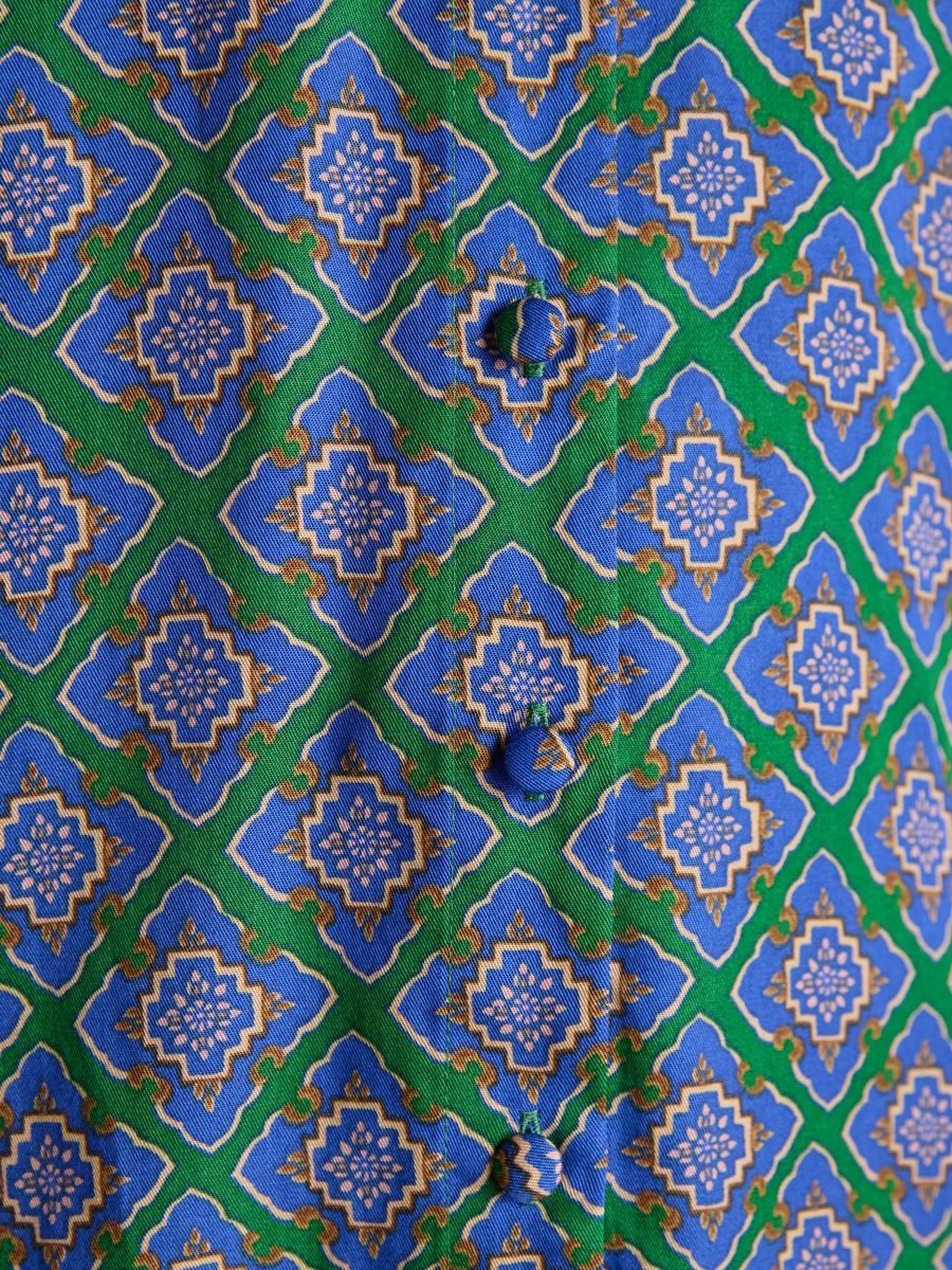 Tabby Blue/Green Tie Neck Long Sleeve Blouse with Button Fastening - RUTHERFORD & Co