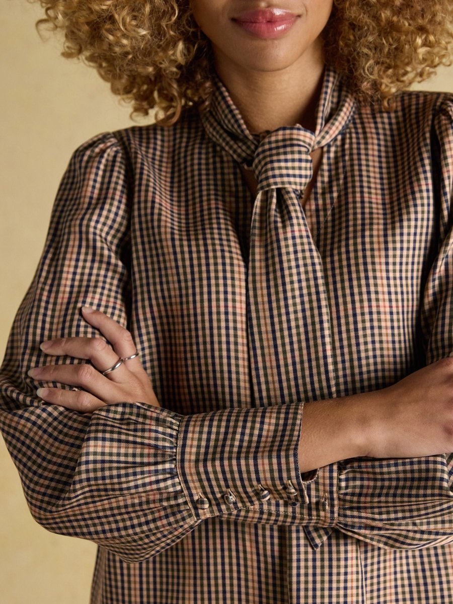 Tabby Brown Check Tie Neck Blouse - RUTHERFORD & Co