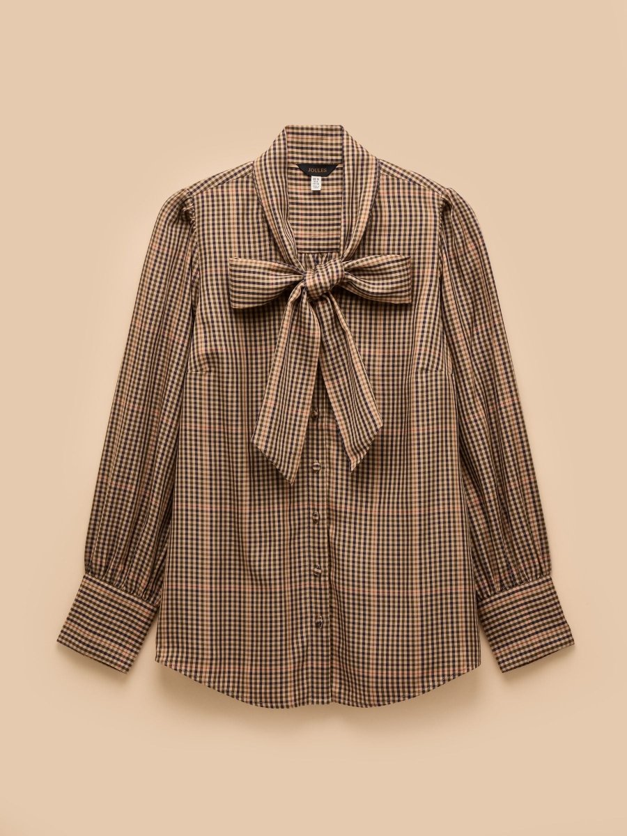 Tabby Brown Check Tie Neck Blouse - RUTHERFORD & Co