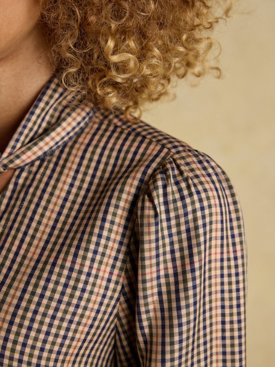 Tabby Brown Check Tie Neck Blouse - RUTHERFORD & Co