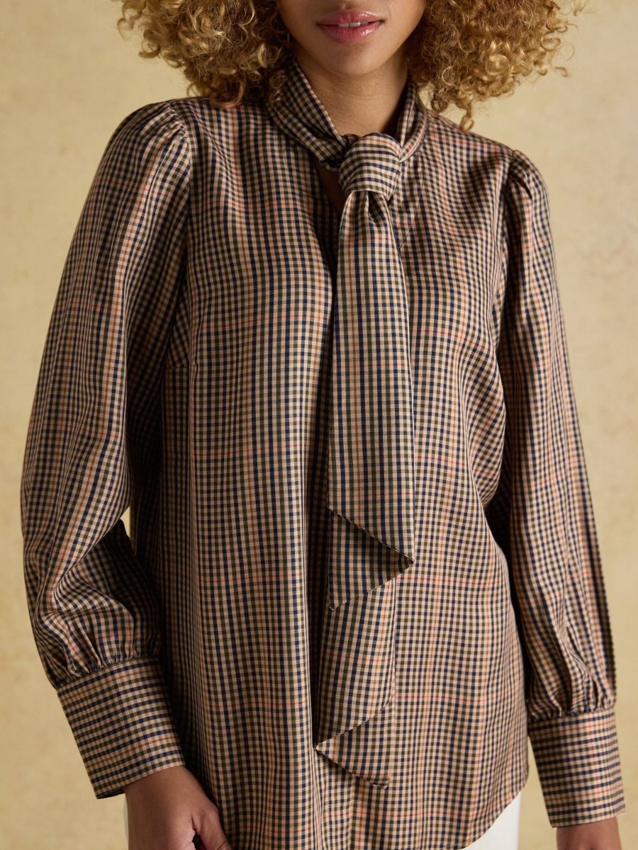 Tabby Brown Check Tie Neck Blouse - RUTHERFORD & Co