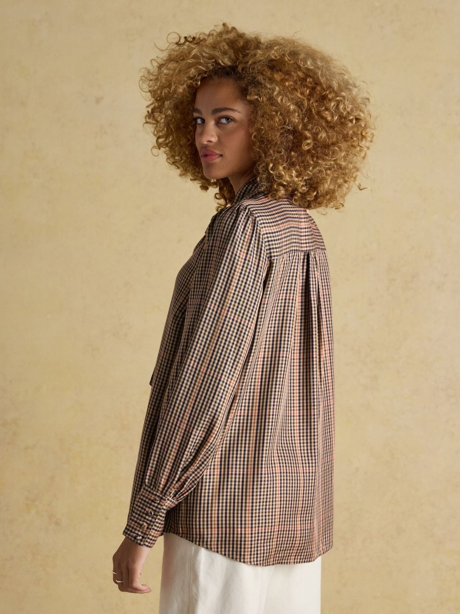 Tabby Brown Check Tie Neck Blouse - RUTHERFORD & Co