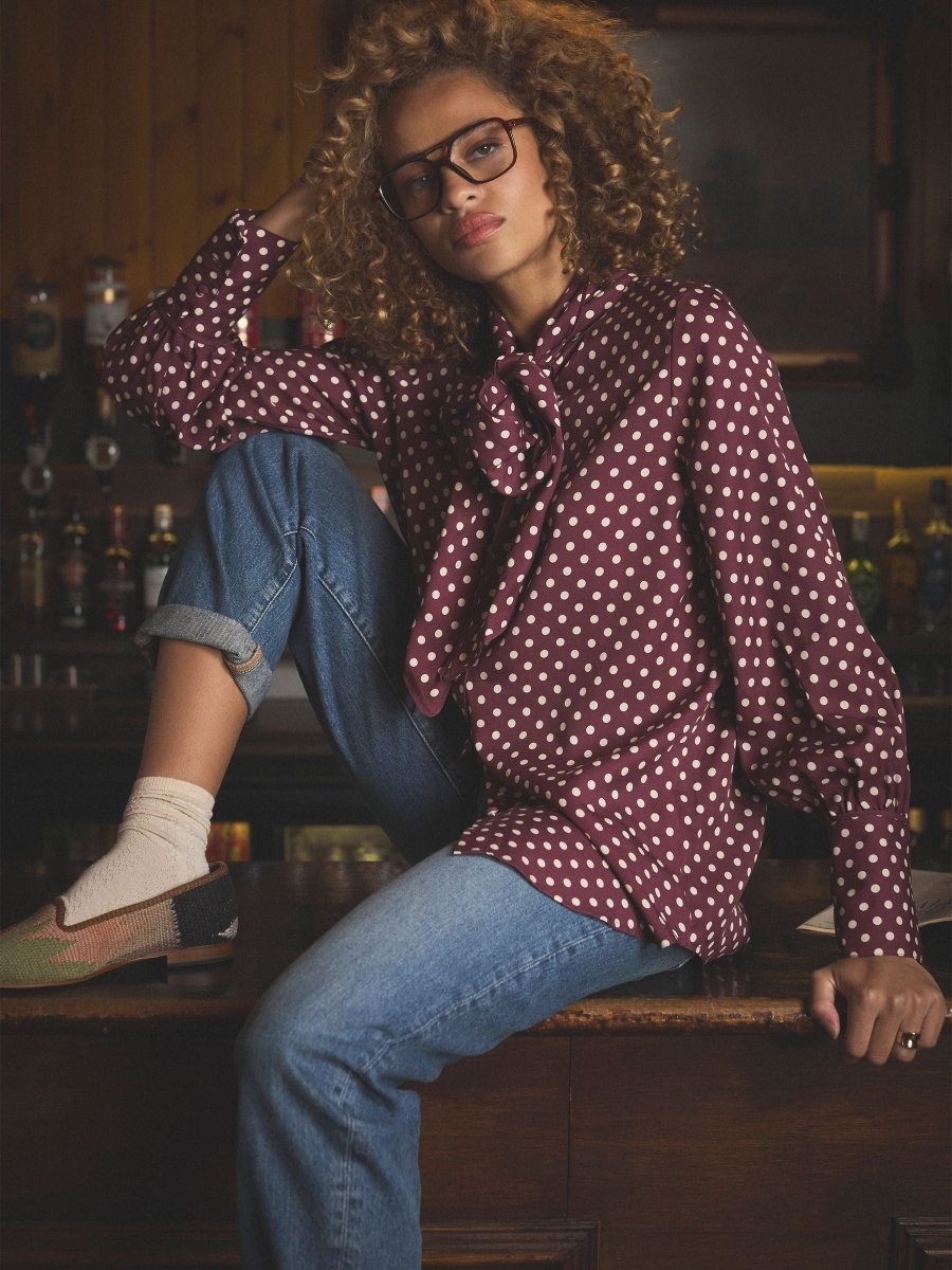 Tabby Burgundy Red Tie Neck Long Sleeve Blouse with Button Fastening - RUTHERFORD & Co