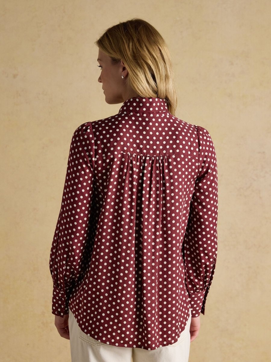 Tabby Burgundy Red Tie Neck Long Sleeve Blouse with Button Fastening - RUTHERFORD & Co