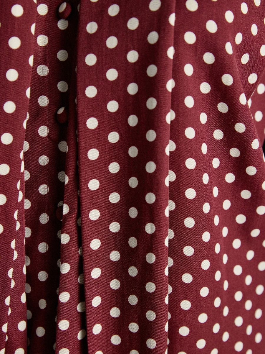 Tabby Burgundy Red Tie Neck Long Sleeve Blouse with Button Fastening - RUTHERFORD & Co