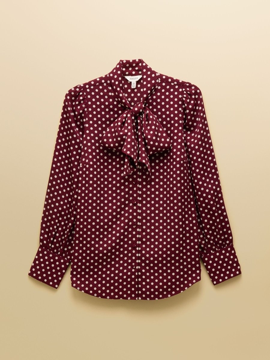 Tabby Burgundy Red Tie Neck Long Sleeve Blouse with Button Fastening - RUTHERFORD & Co