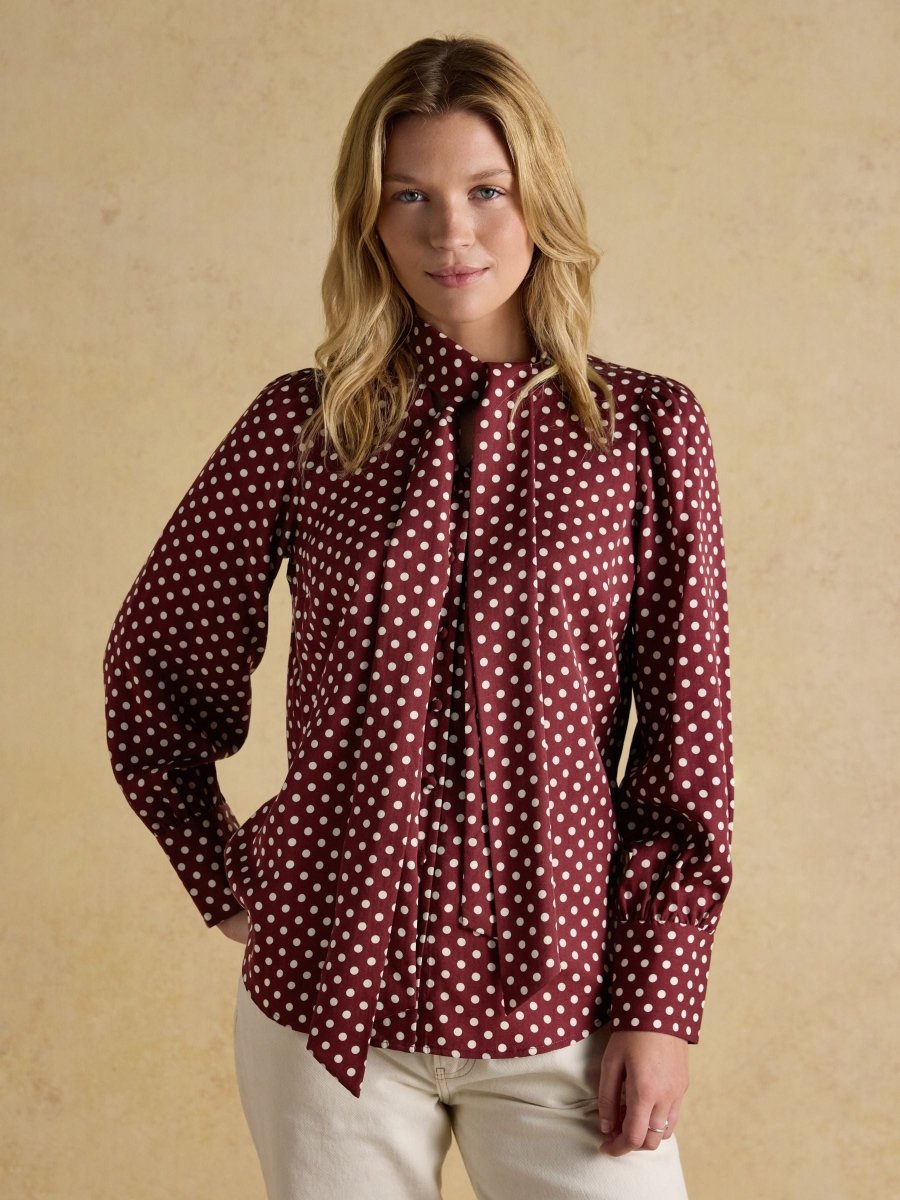Tabby Burgundy Red Tie Neck Long Sleeve Blouse with Button Fastening - RUTHERFORD & Co