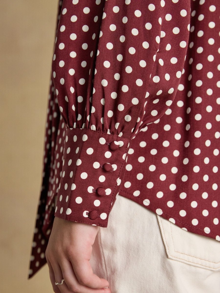 Tabby Burgundy Red Tie Neck Long Sleeve Blouse with Button Fastening - RUTHERFORD & Co