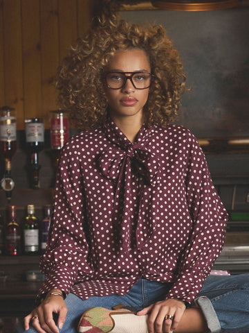 Tabby Burgundy Red Tie Neck Long Sleeve Blouse with Button Fastening - RUTHERFORD & Co