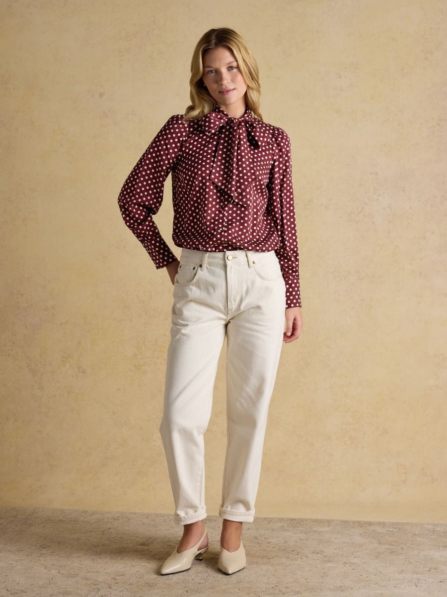 Tabby Burgundy Red Tie Neck Long Sleeve Blouse with Button Fastening - RUTHERFORD & Co