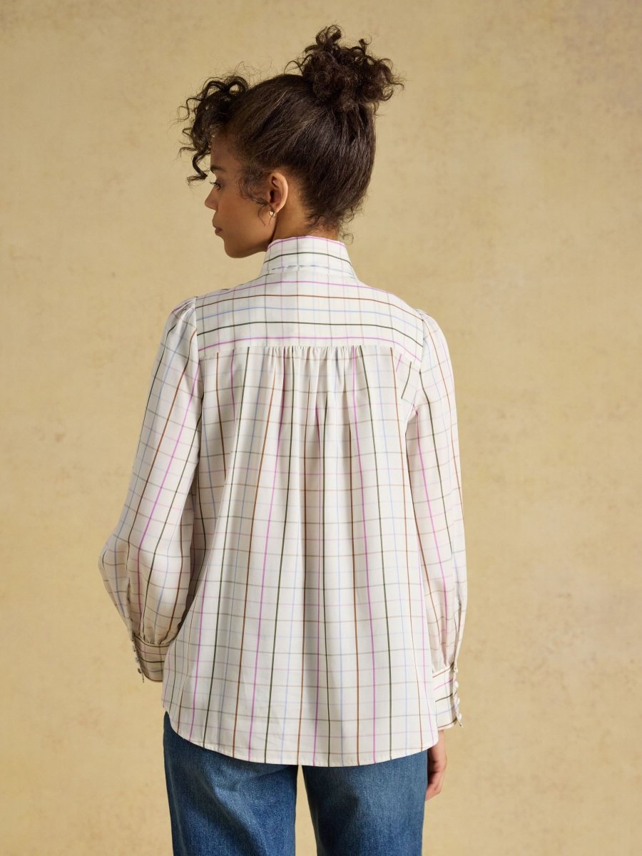 Tabby Cream Tattersall Check Tie Neck Blouse - RUTHERFORD & Co