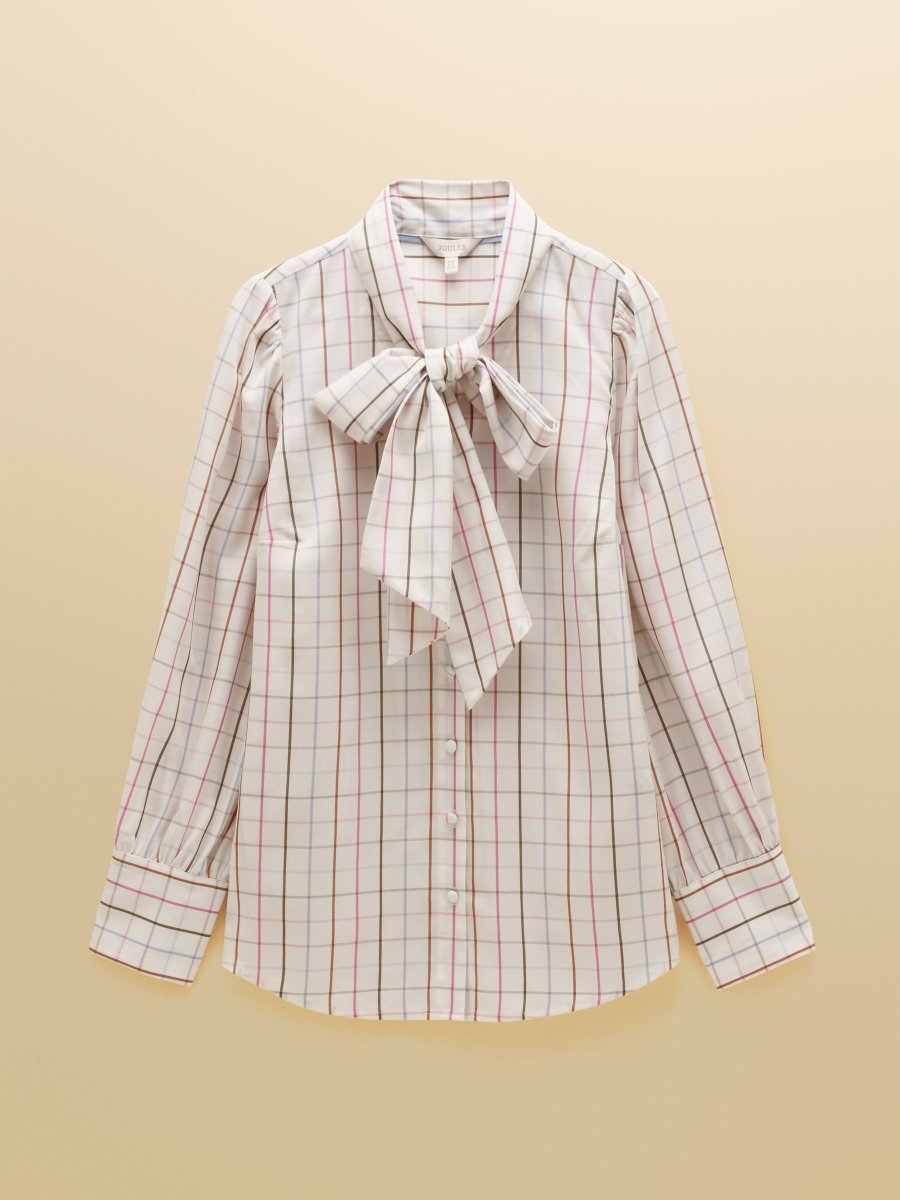 Tabby Cream Tattersall Check Tie Neck Blouse - RUTHERFORD & Co