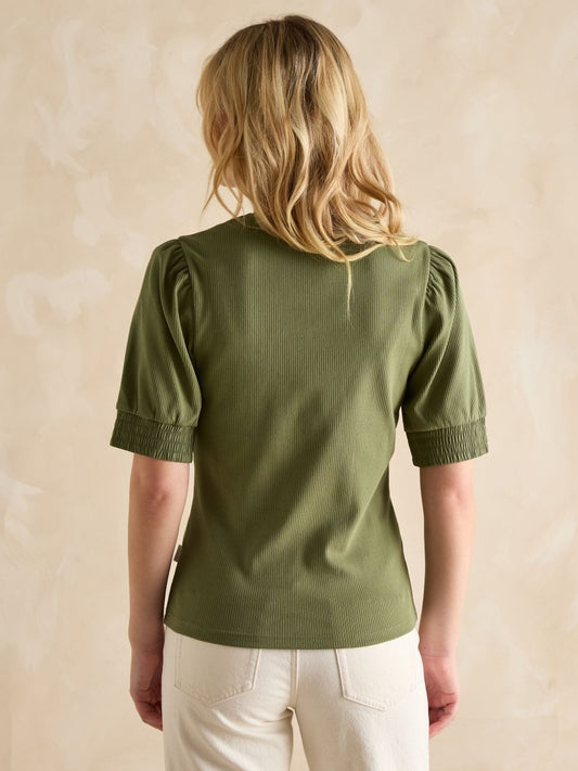 Tabitha Khaki Green Ribbed V - Neck Top With Puff Sleeves - RUTHERFORD & Co