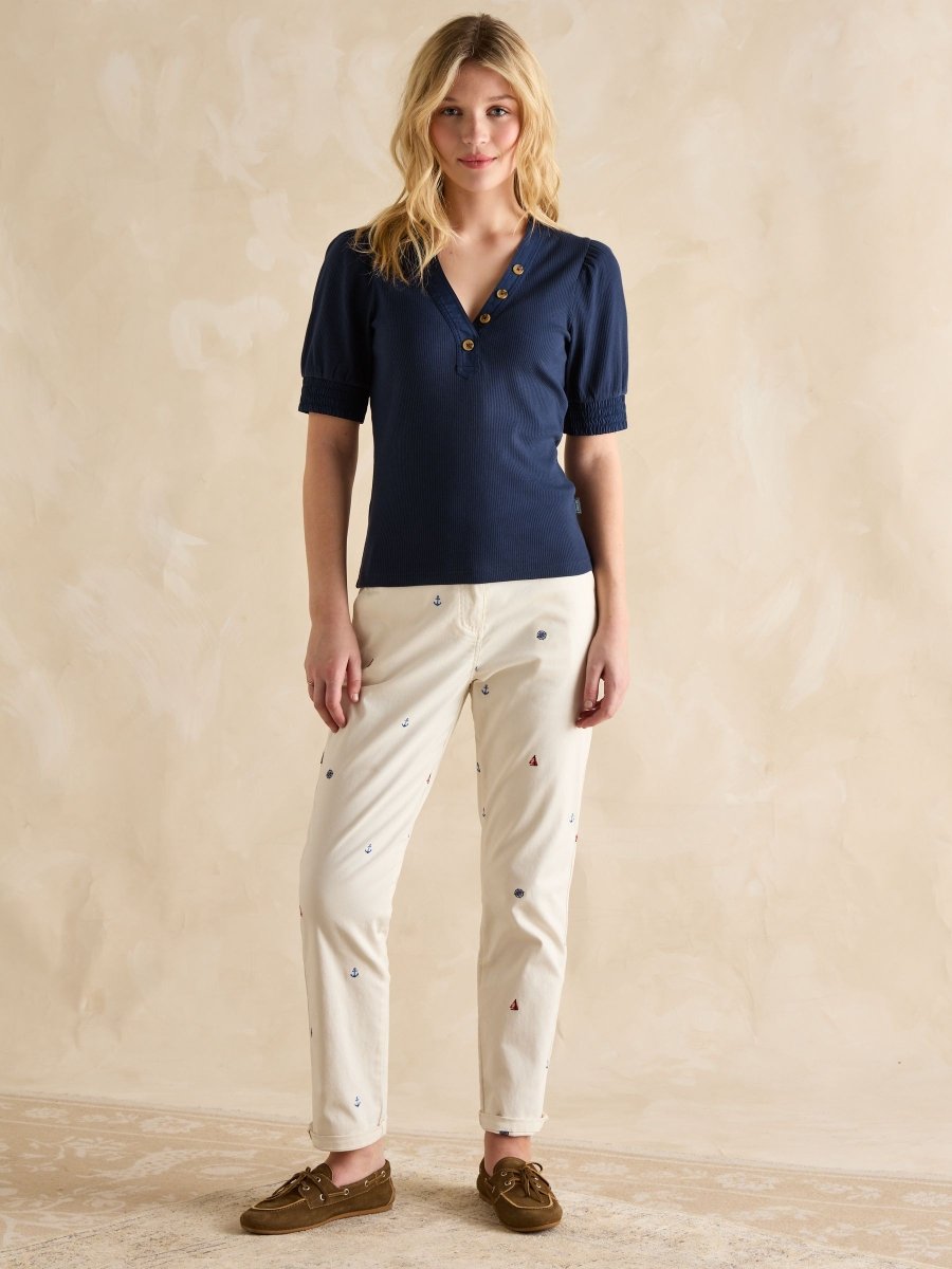 Tabitha Navy Ribbed V - Neck Top With Puff Sleeves - RUTHERFORD & Co