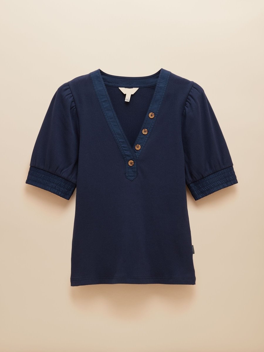 Tabitha Navy Ribbed V - Neck Top With Puff Sleeves - RUTHERFORD & Co