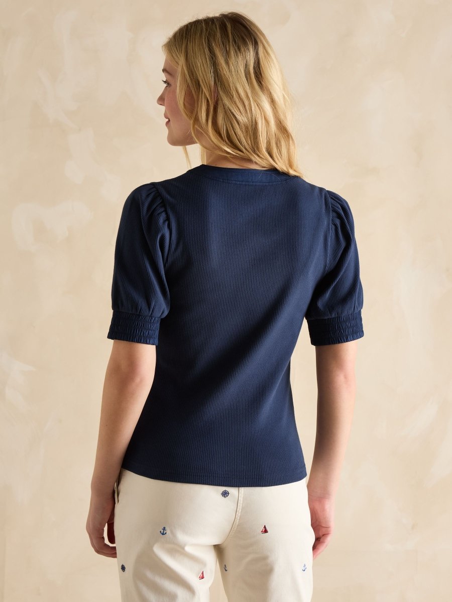Tabitha Navy Ribbed V - Neck Top With Puff Sleeves - RUTHERFORD & Co