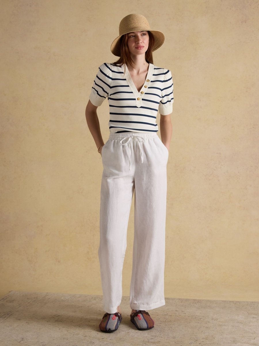 Tabitha Navy Stripe Ribbed V - Neck Jersey Top with Puff Sleeves - RUTHERFORD & Co