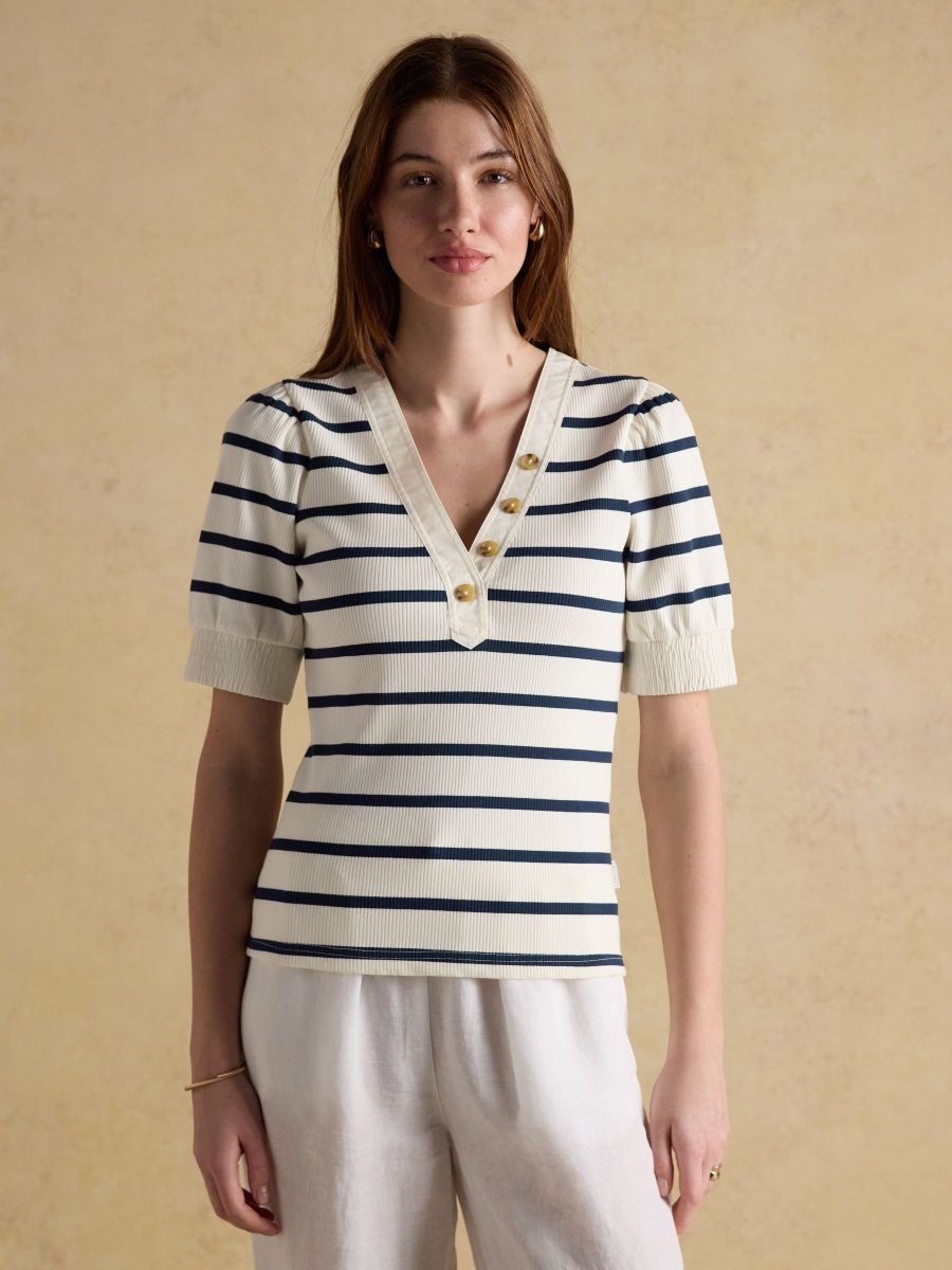 Tabitha Navy Stripe Ribbed V - Neck Jersey Top with Puff Sleeves - RUTHERFORD & Co