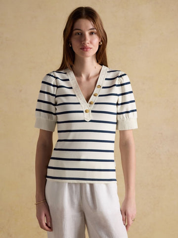 Tabitha Navy Stripe Ribbed V - Neck Jersey Top with Puff Sleeves - RUTHERFORD & Co