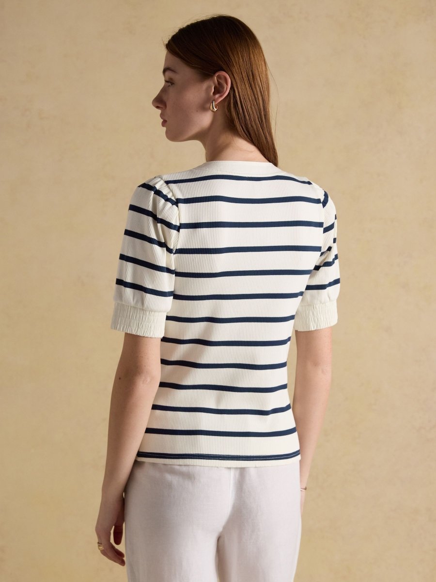 Tabitha Navy Stripe Ribbed V - Neck Jersey Top with Puff Sleeves - RUTHERFORD & Co