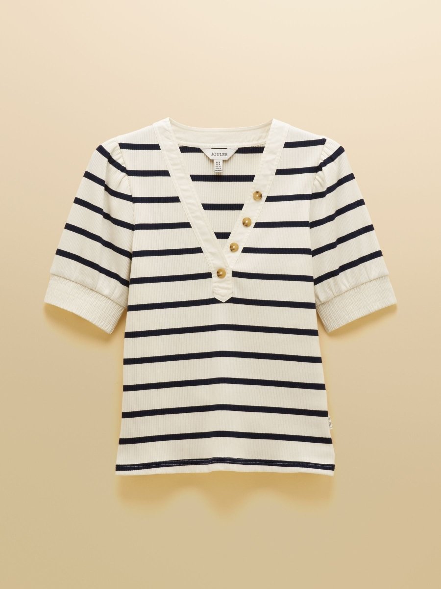 Tabitha Navy Stripe Ribbed V - Neck Jersey Top with Puff Sleeves - RUTHERFORD & Co