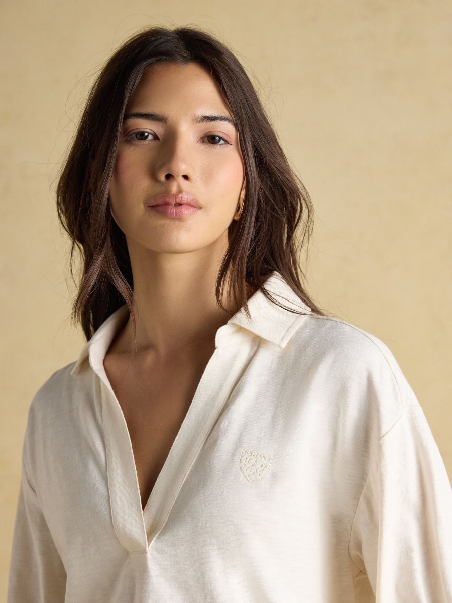 Tallie Cream Combed Cotton Collared Top - RUTHERFORD & Co