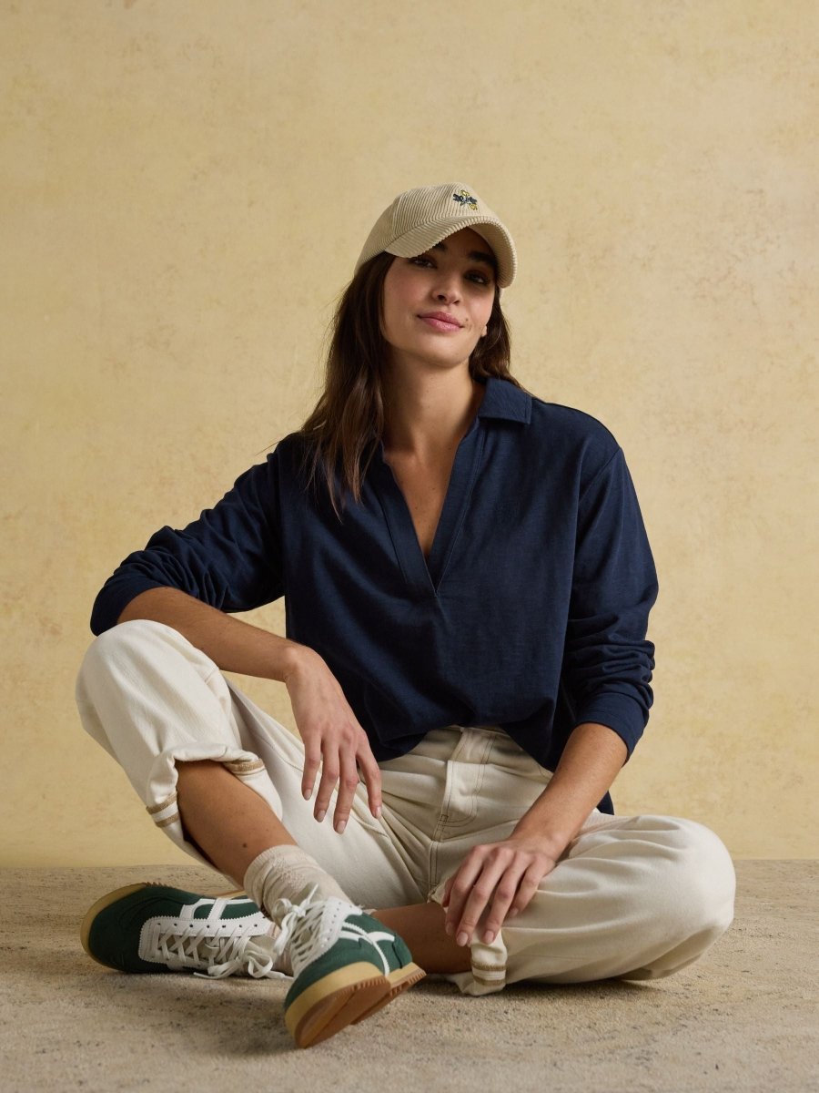 Tallie Navy Combed Cotton Slub Collared Top - RUTHERFORD & Co