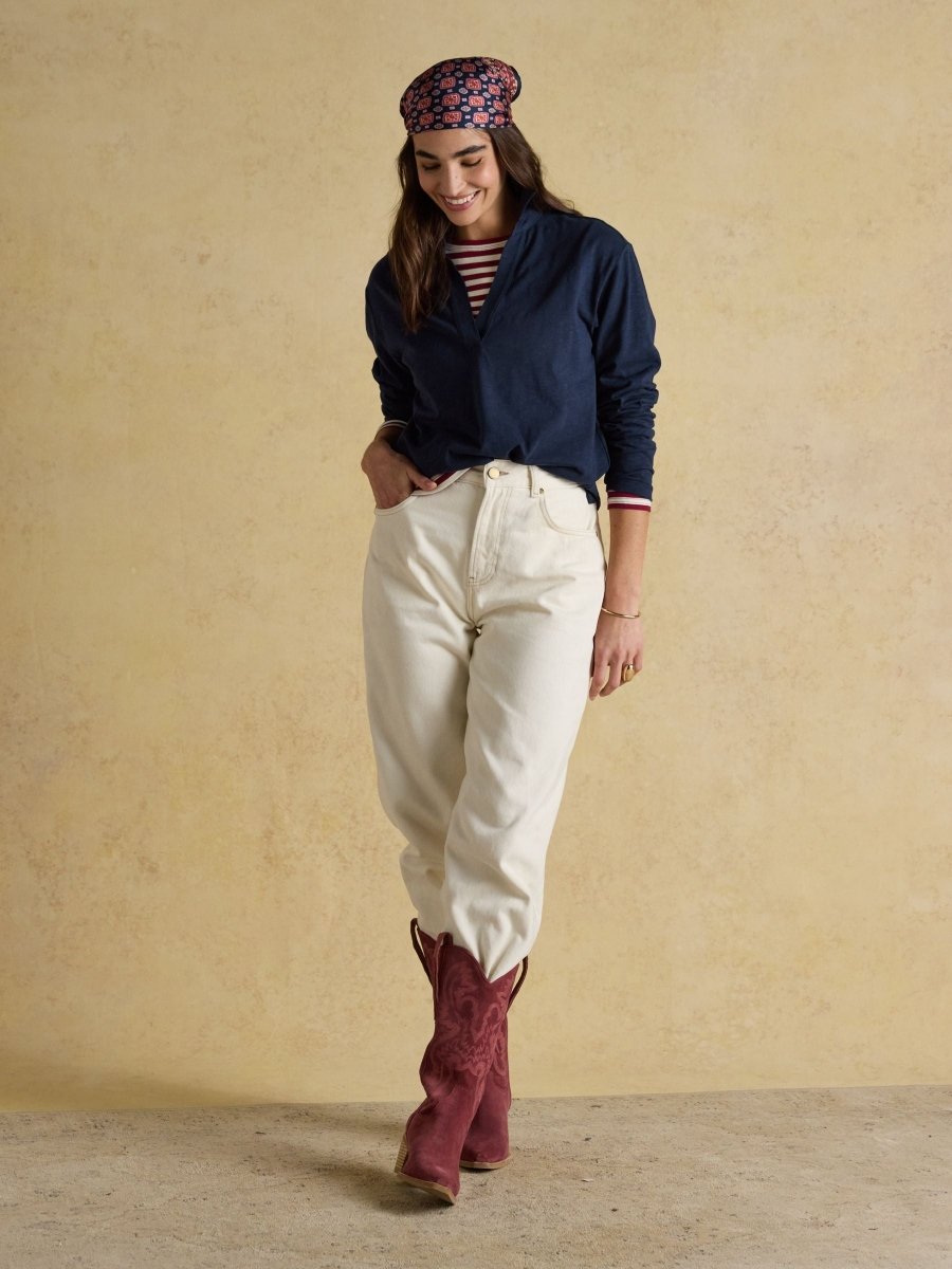 Tallie Navy Combed Cotton Slub Collared Top - RUTHERFORD & Co