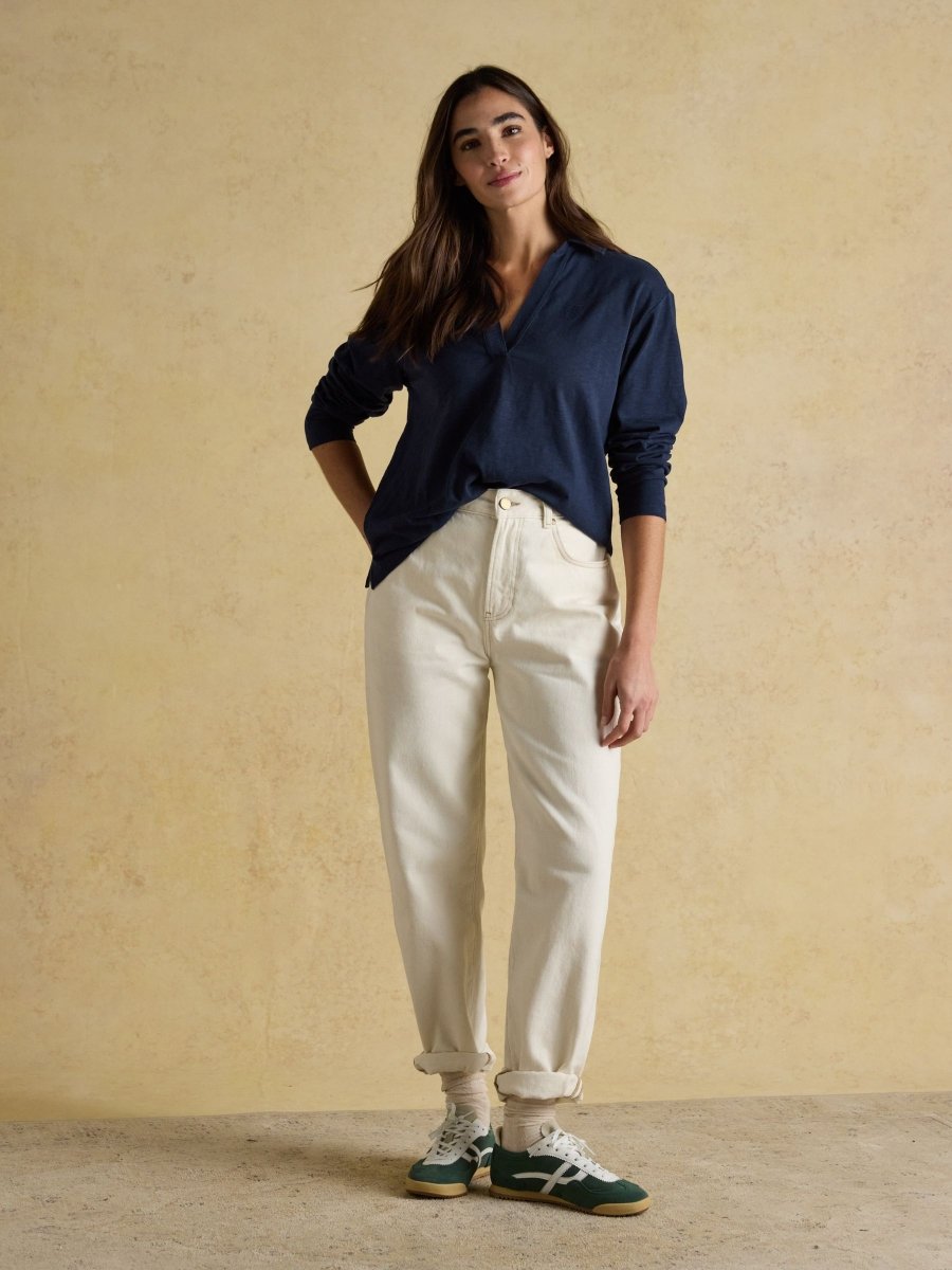 Tallie Navy Combed Cotton Slub Collared Top - RUTHERFORD & Co