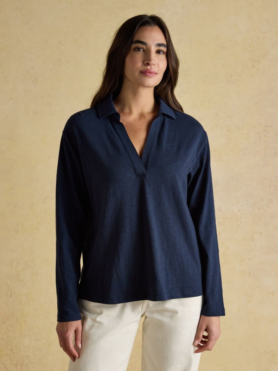 Tallie Navy Combed Cotton Slub Collared Top - RUTHERFORD & Co