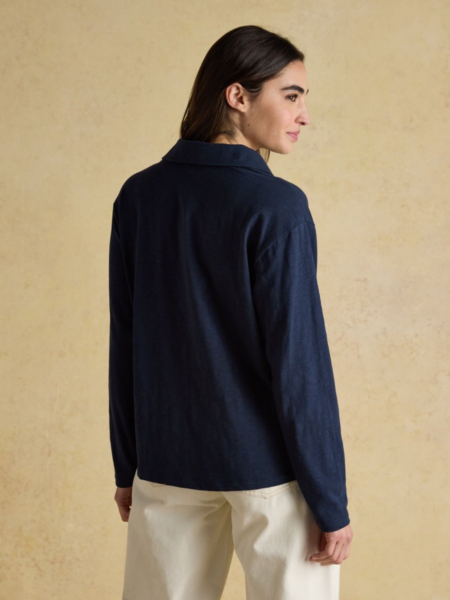 Tallie Navy Combed Cotton Slub Collared Top - RUTHERFORD & Co