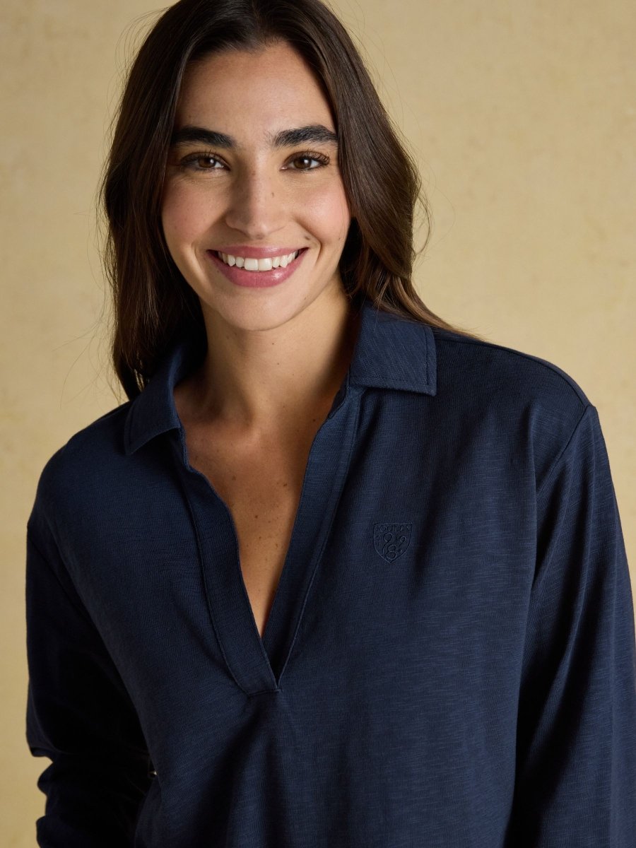 Tallie Navy Combed Cotton Slub Collared Top - RUTHERFORD & Co