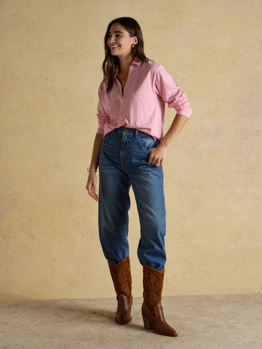 Tallie Pink Combed Cotton Slub Collared Top - RUTHERFORD & Co