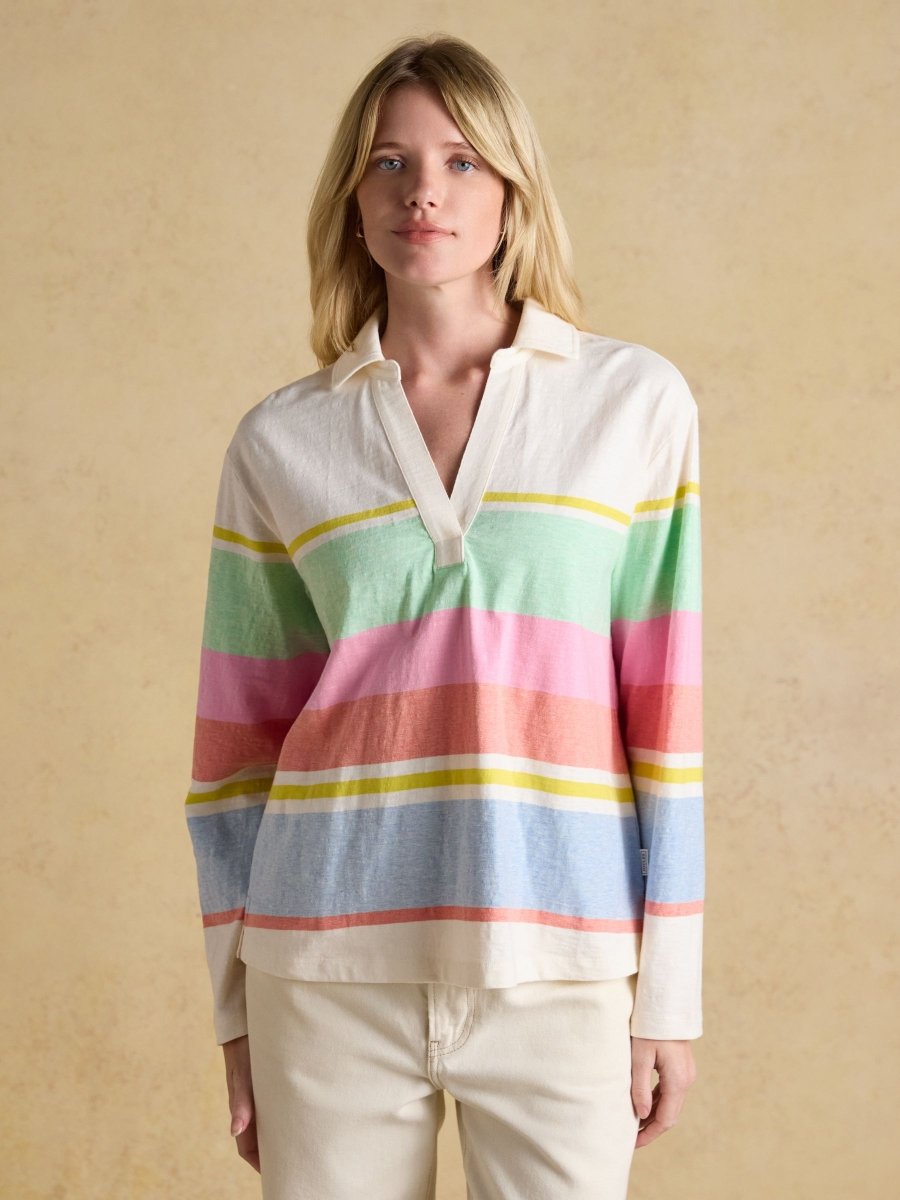 Tallie White & Multi Striped Cotton Jersey Top With Collar - RUTHERFORD & Co