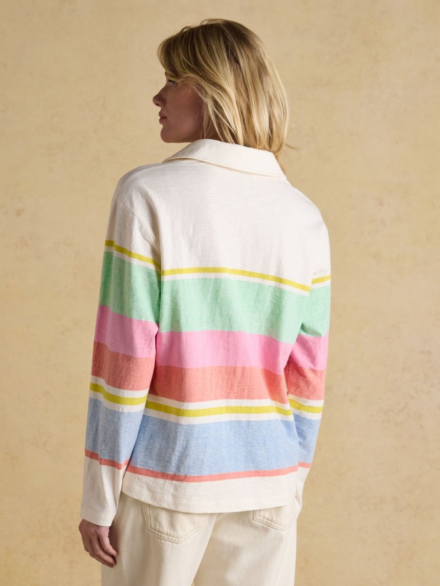 Tallie White & Multi Striped Cotton Jersey Top With Collar - RUTHERFORD & Co
