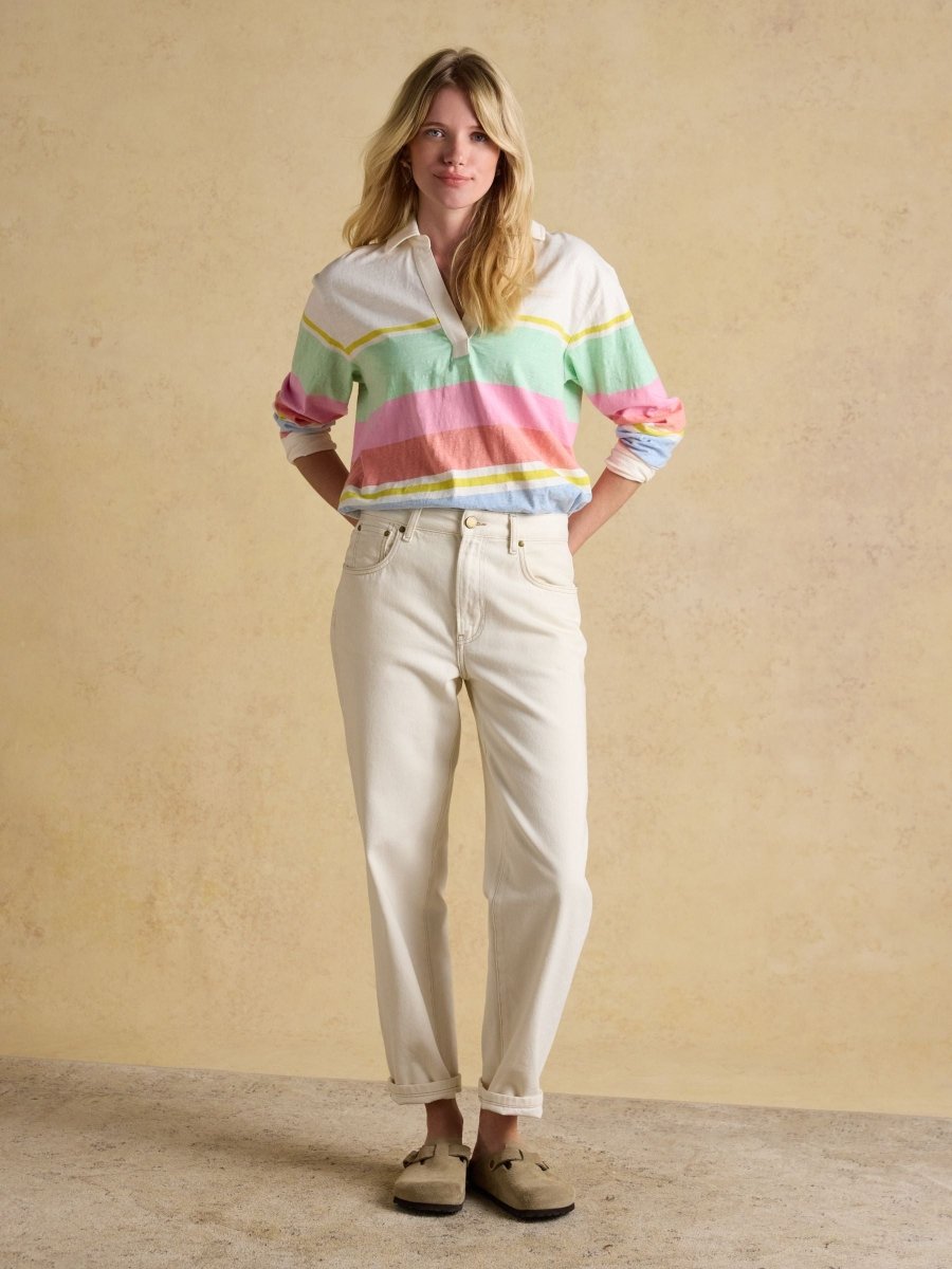 Tallie White & Multi Striped Cotton Jersey Top With Collar - RUTHERFORD & Co