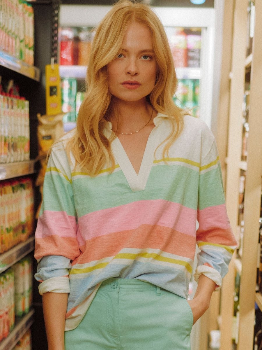 Tallie White & Multi Striped Cotton Jersey Top With Collar - RUTHERFORD & Co
