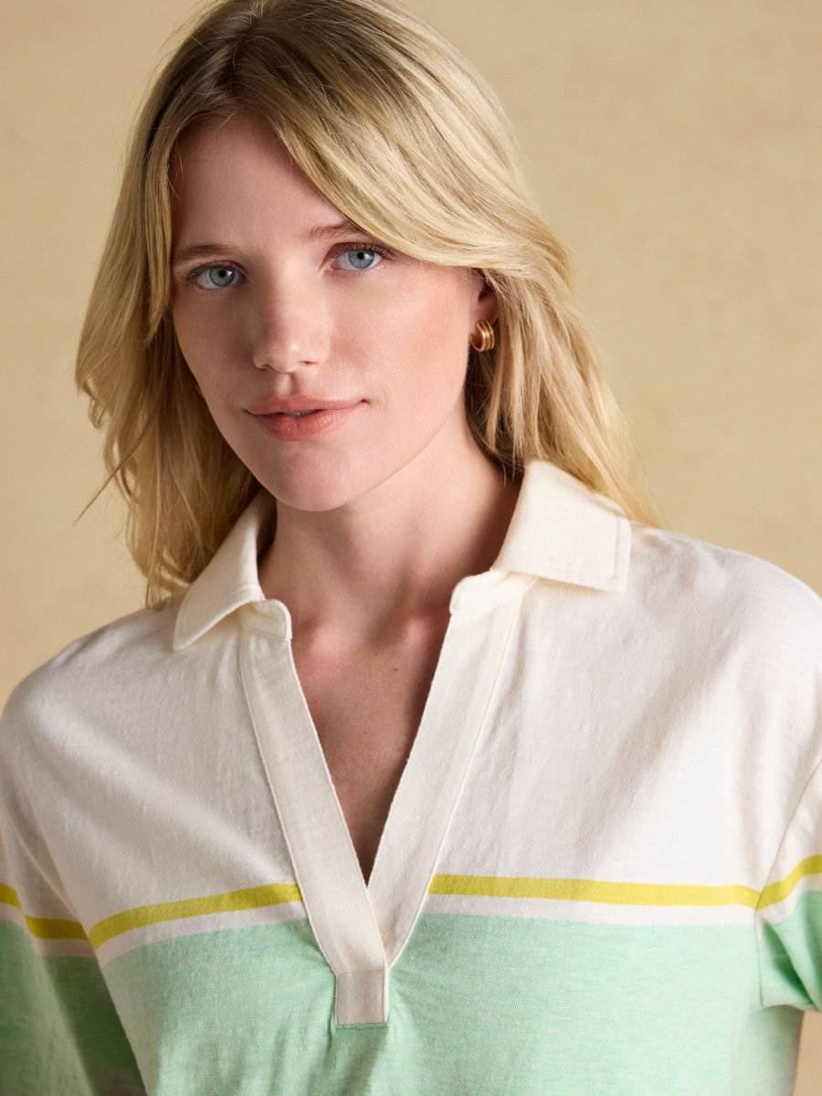 Tallie White & Multi Striped Cotton Jersey Top With Collar - RUTHERFORD & Co