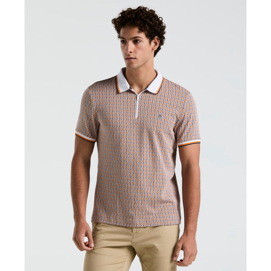 Tipped Jacquard Geo Short Sleeve Polo Shirt In Orange Peel