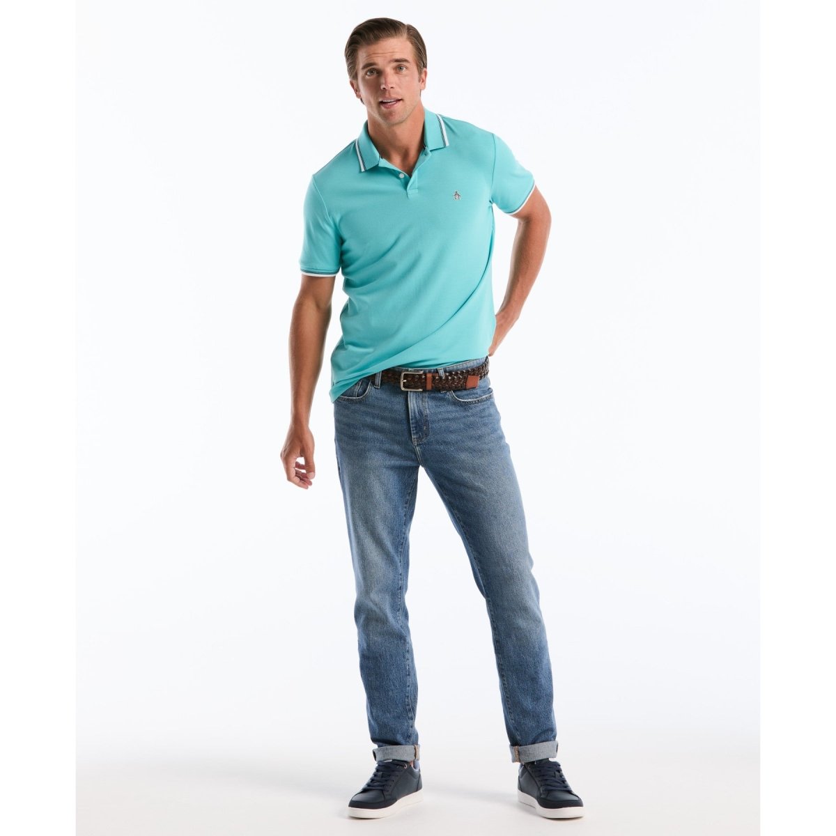 Tipped Pique Polo Shirt In Aquarelle - RUTHERFORD & Co