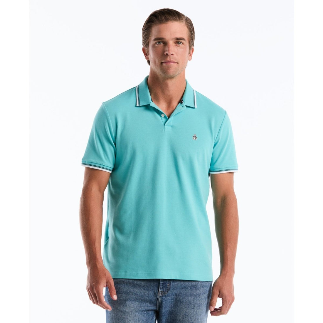 Tipped Pique Polo Shirt In Aquarelle - RUTHERFORD & Co