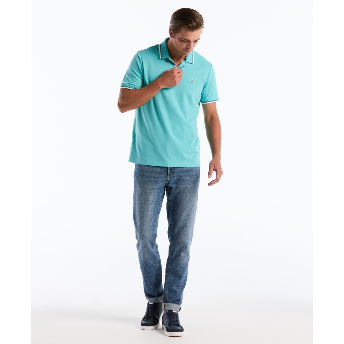 Tipped Pique Polo Shirt In Aquarelle - RUTHERFORD & Co
