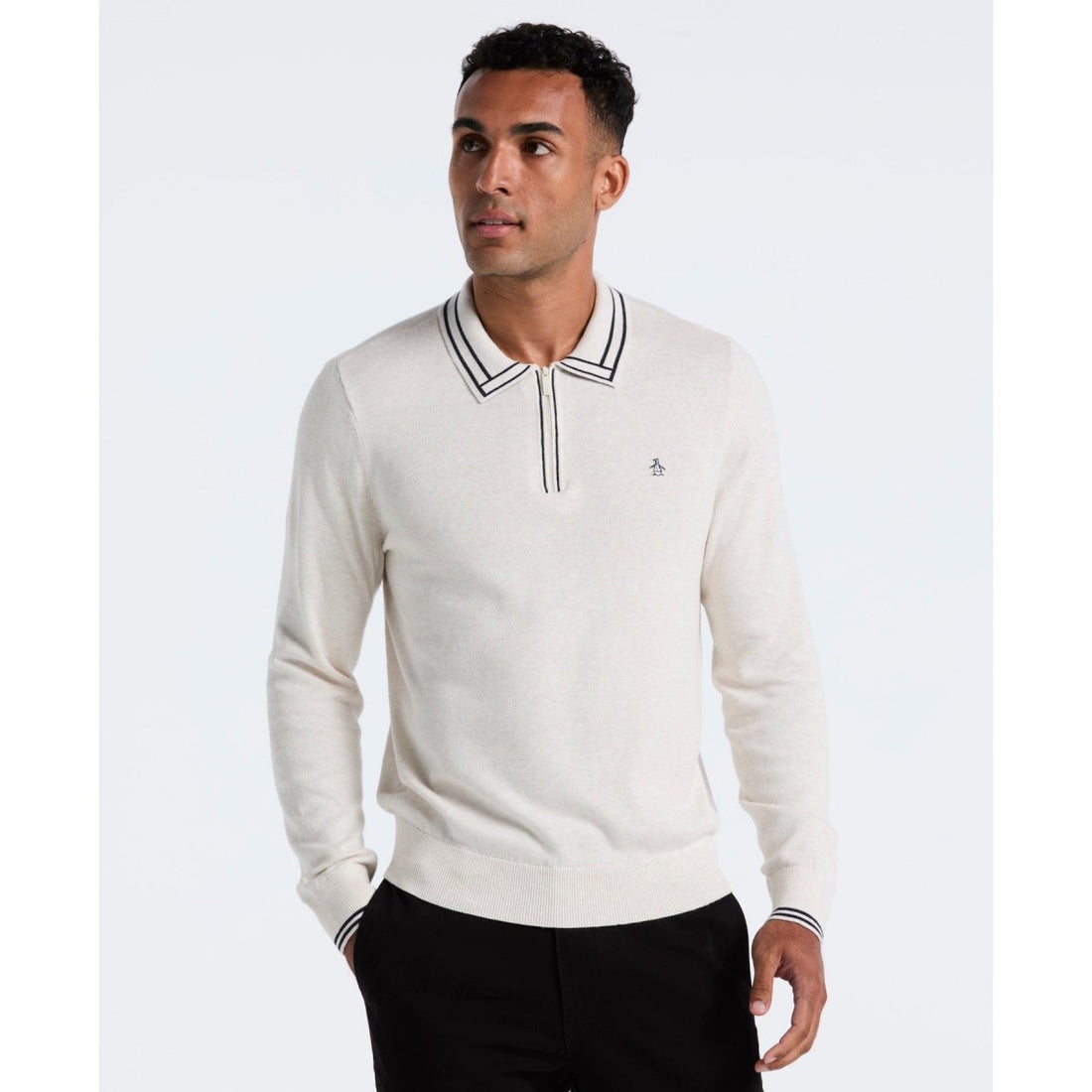 Tipped Quarter Zip Long Sleeve Sweater Polo In Birch Heather - RUTHERFORD & Co
