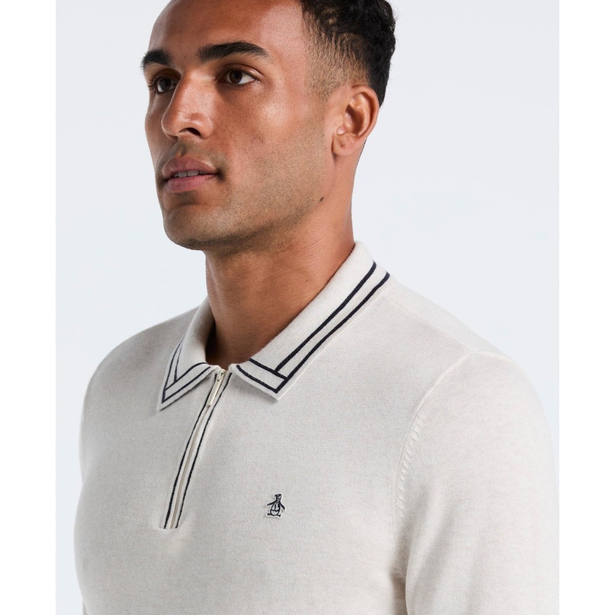 Tipped Quarter Zip Long Sleeve Sweater Polo In Birch Heather - RUTHERFORD & Co
