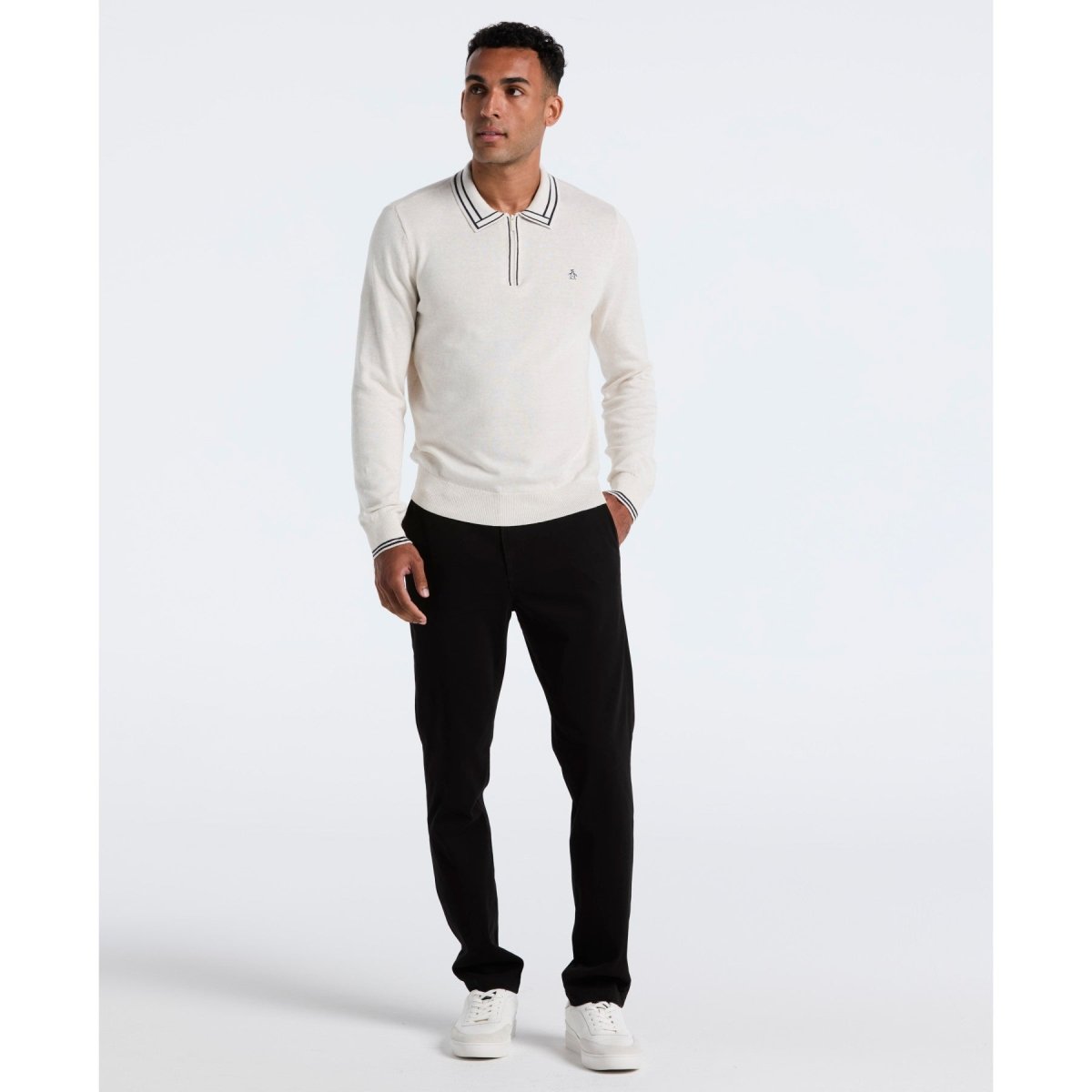 Tipped Quarter Zip Long Sleeve Sweater Polo In Birch Heather - RUTHERFORD & Co