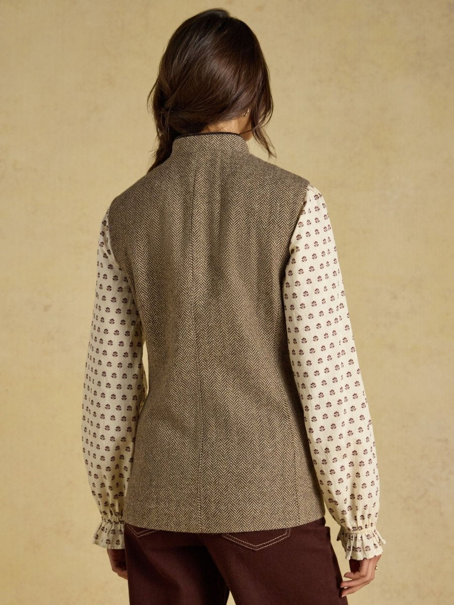 Tweed Wool Blend Nehru Collar Gilet - Brown - RUTHERFORD & Co