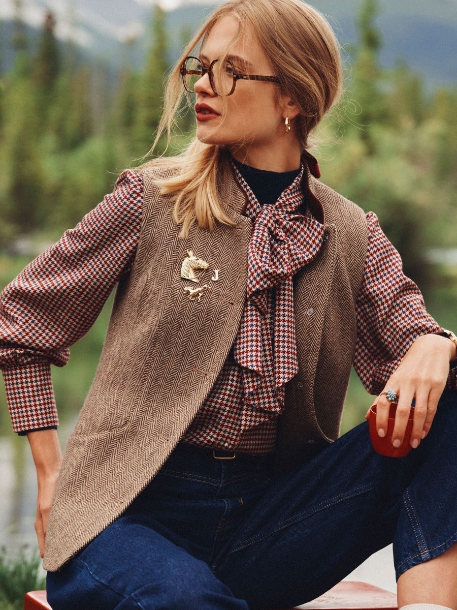 Tweed Wool Blend Nehru Collar Gilet - Brown - RUTHERFORD & Co