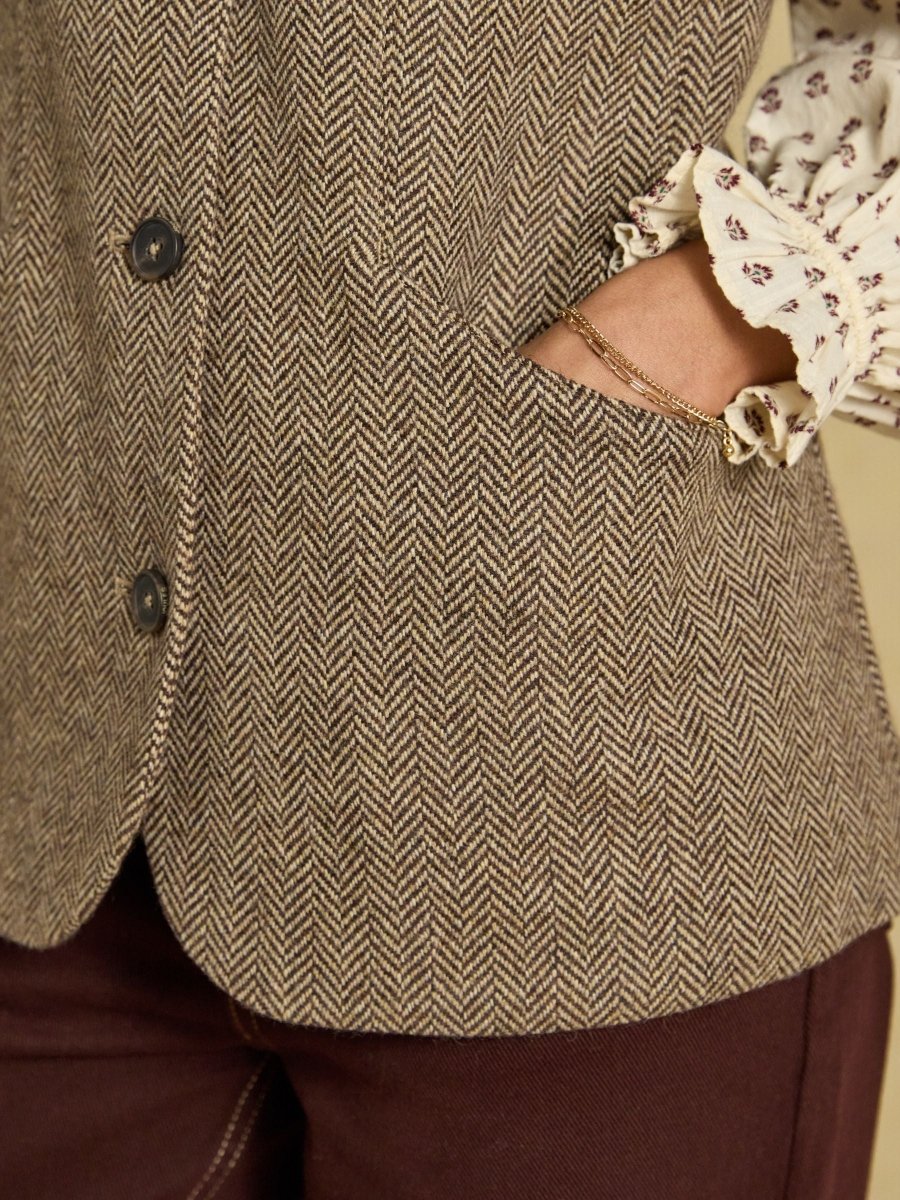 Tweed Wool Blend Nehru Collar Gilet - Brown - RUTHERFORD & Co