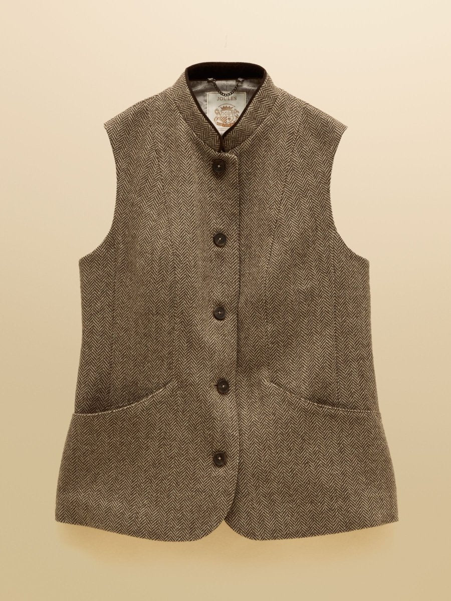 Tweed Wool Blend Nehru Collar Gilet - Brown - RUTHERFORD & Co
